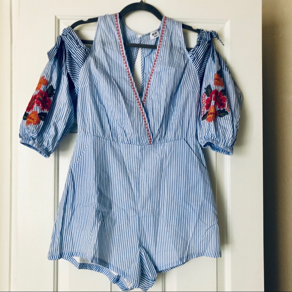 RENVY Stripe Floral Cold-Shoulder Romper, Sz Med